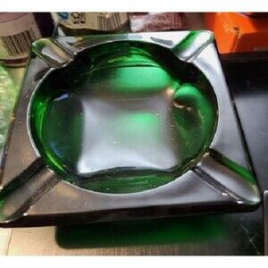 Vintage Anchor Hocking Green Glass Ashtray – 3" Square Mid-Century Barware